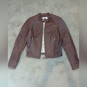 Day Trip Burgundy Faux Leather Fitted Moto Jacket Size Large